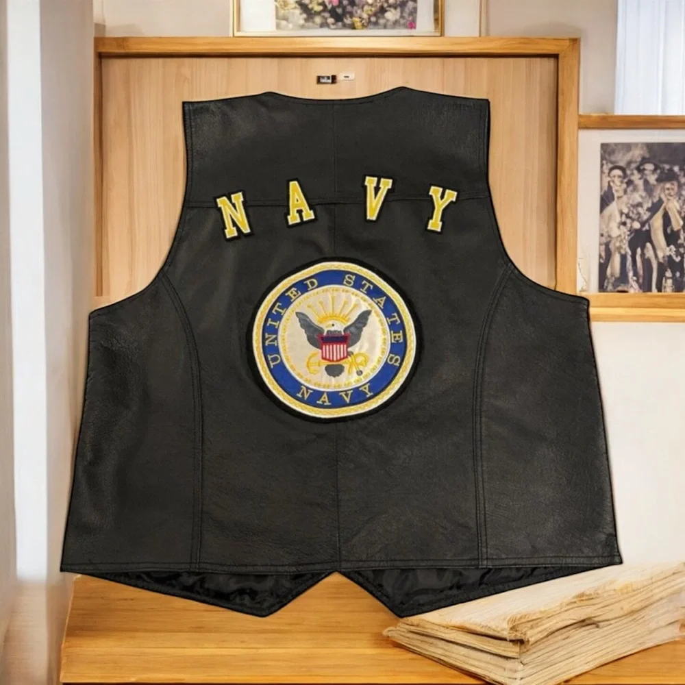 USA‎ Leather Navy Vest XXL Black Biker Military Veteran Patch Mens